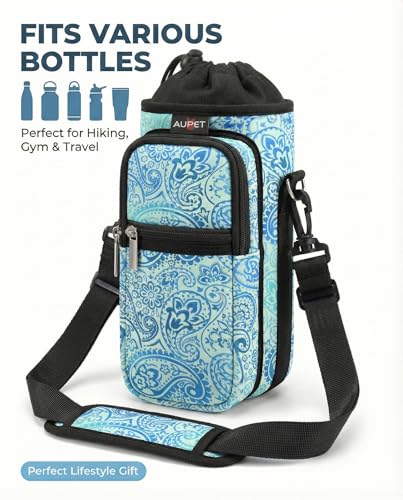 AUPET Water Bottle Sling Bag Sleeve Holder Carrier 25/32/40/64 oz,Insulated Crossbody Water Bottle Case Cover with Strap and Pockets for Men/Women Walking Hiking - color: blue feather, size: 25oz