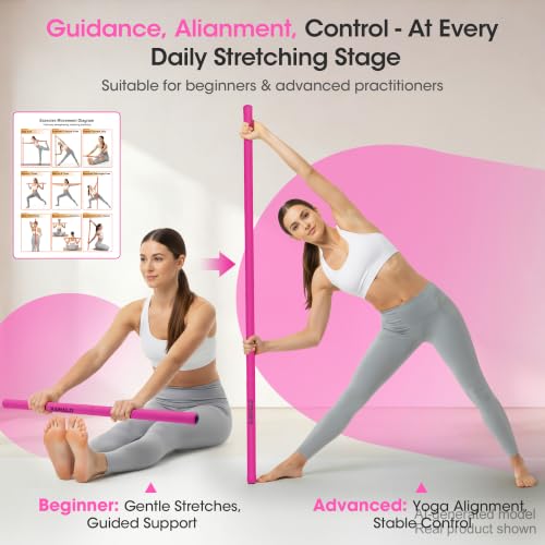Yoga Stick, Upgraded 5ft Steel Mobility Exercise Bar for Back Stretching - color: 3-Pink
