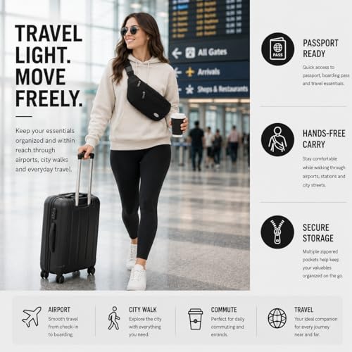 Entchin Water-Resistant Fanny Pack, 4-Zipper Belt Bag - color: Black