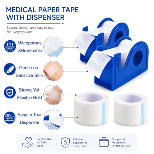 2 Rolls Medical Paper Tape with Dispenser, 1 Inch x 10 Yards,Microporous Surgical Paper Tape for Skin, Dressings, Wound First Aid Tape(White) - color: White