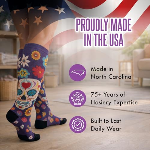 Crazy Compression Over-the-Calf Socks with Fun Designs - color: Calavera Purple, size: X-Small