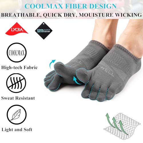 VWELL No Show Toe Socks for Men Women COOLMAX Five Finger Socks Athletic Running Ankle Low Cut 5 Toe Socks (3Pairs) - color: Grey, size: Medium
