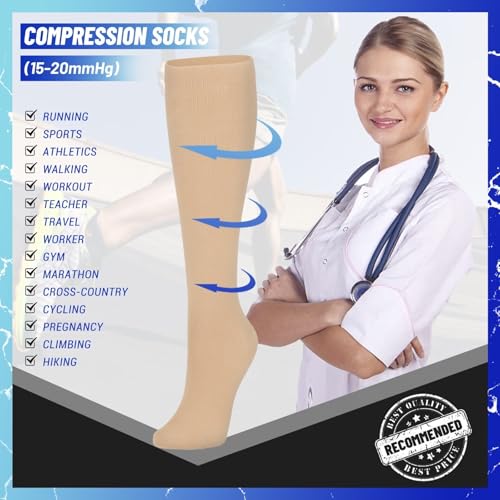 3 Pairs Compression Socks for Women & Men 15-20 mmHg, Knee High - color: 03 Nude/Nude/Nude, size: Small-Medium
