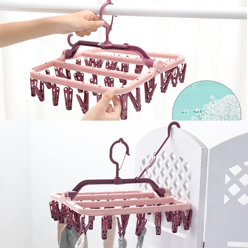 Foshine Clothes Drying Racks Foldable Clip Hangers Plastic with 32 Clips - color: Pink