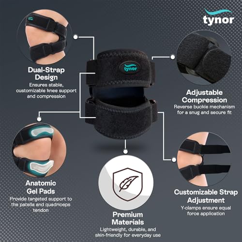 TYNOR Dual Patellar Tendon Support Strap,Knee Pain Relief Adjustable Neoprene Knee Strap Patella Stabilizer Band,Knee Brace for Tendonitis,Running,Hiking,Basketball Volleyball Tennis,One Size,1 Unit - style: Black Dual