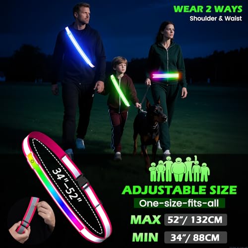 Reflective Sash Gear for Walking at Night,Flashing LED Reflective Belt Safety Lights for Walkers Night Dog Walking Biking Running,High Visibility Rechargeable With Wear 2 Ways for Men Women - color: Pink