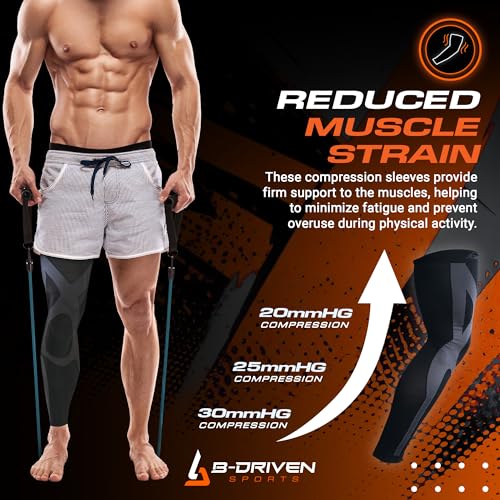 B-Driven Sports Full Leg Compression Sleeves, Graduated Compression 20-30mmHg, Thigh to Ankle, Medical Grade, Calf, Knee, Varicose Veins, Running, Sports, Men & Women - 1 Pair - size: X-Large