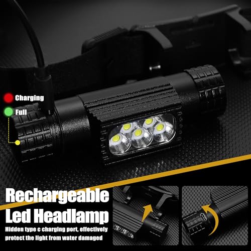 Headlamp Rechargeable, 2000 Lumen Super Bright LED Head Lamp for Adults, IP67 Waterproof Rechargeable Headlight with 9 Modes, Head Flashlight with 2600 mAh for Outdoor Camping Hiking Fishing Running - size: 5 Bead - 2000 lm - 9 Modes
