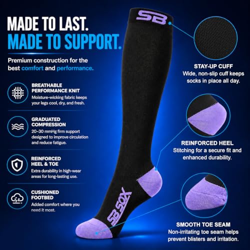 SB SOX Compression Socks for Men & Women (20-30mmHg) - color: Black/Purple, size: Medium