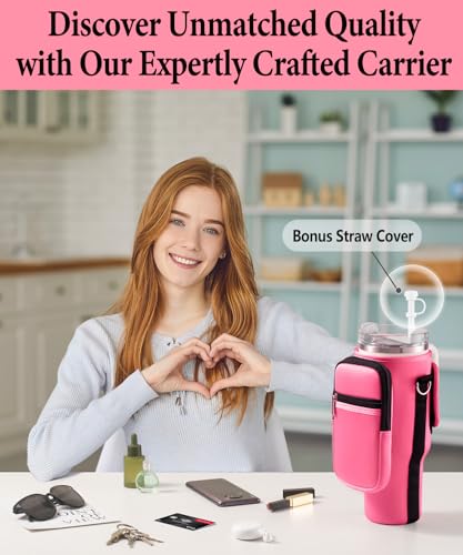 Water Bottle Carrier Bag for Stanley Cup 40 oz with Phone & Storage Pockets - color: Hot Pink