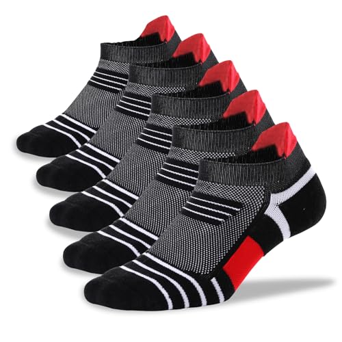 Kodal Copper-Infused Ankle Compression Running Socks Cushioned Perfect Fit - color: Black/Red-5 Pairs, size: 6-11