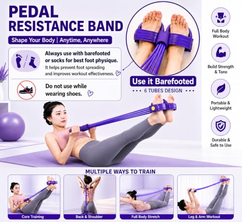 Upgraded 6-Tube Foot Pedal Resistance Band with Handle & 3-Pack Figure 8 Exercise Bands, Multifunction Tummy Trimmer Sit Up Pull Rope for Women Men Home Gym Full Body Working Out Set