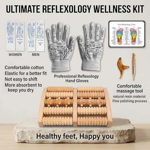 Wooden Foot Massager Roller with Reflexology Socks and Gloves Tools Set for Circulation, Pain Relief in Wide Feet, Health Promotion, Gift for Mom, Dad, or Elderly
