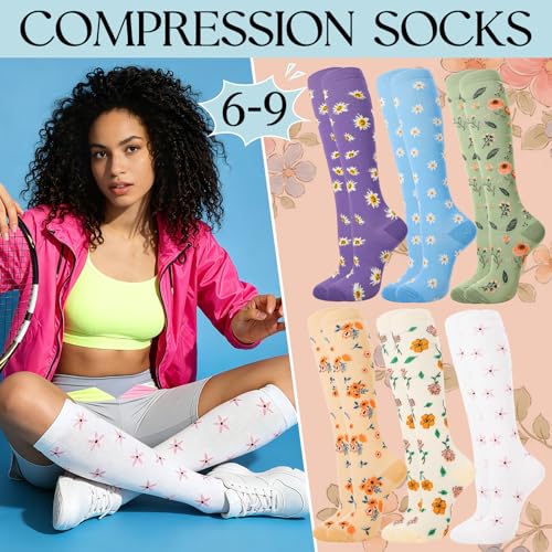 6 Pairs Compression Socks for Women Men - color: Floral