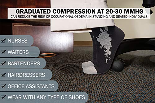 Physix Gear Compression Socks 20-30 mmHg - Men & Women - Running, Nurses, Shin Splints, Flight, Travel - color: Black/Grey Flower, size: Large-X-Large