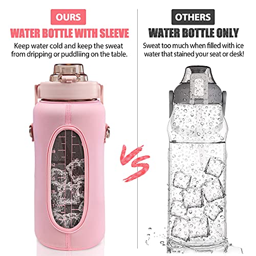 Half Gallon Water Bottle with Sleeve, 64OZ Motivational Water Bottle - color: Pink