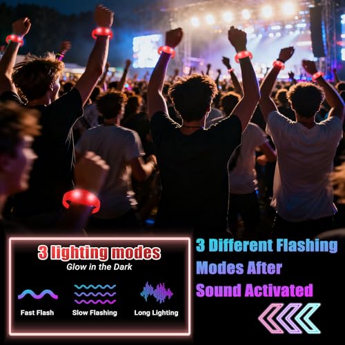 12 Pcs LED Glow Bracelets Sound Activated Flashing Light Up Bracelet for New Years Eve Glow in the Dark Party Supplies Christmas Party Favors Birthday Gift Carnival Concerts Night Events - color: Red