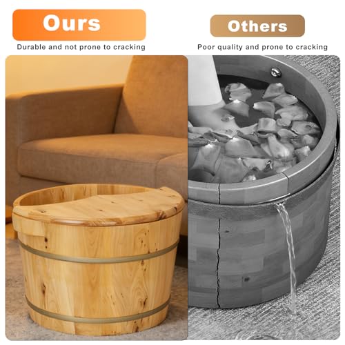 tonchean 15.74in*12.2in*10.23in Wooden Foot Bath Bucket, Thick Insulated Wooden Foot Basin with Massage Roller and Lid Foot Wash Bucket for Foot Bath, Massage, Spa Suitable for All Ages