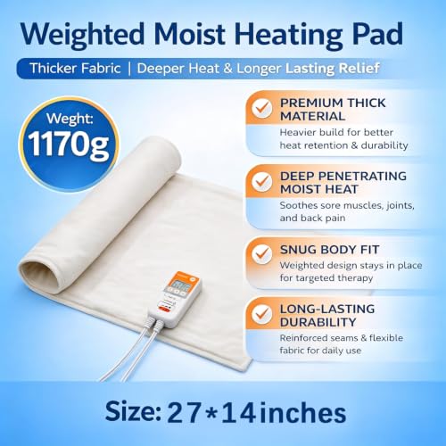 Moist Heating Pad for Back, Neck, Shoulders and Period Cramps, Weighted Electric Heating Pad with 3 Heat Levels and Auto Shut Off, Washable Removable Soft Cover, 27" x 14"