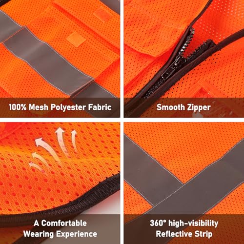 High Visibility Safety Vest with Pockets and Zipper, 1 Pack 5 Pack - color: Orange-mesh, size: Medium