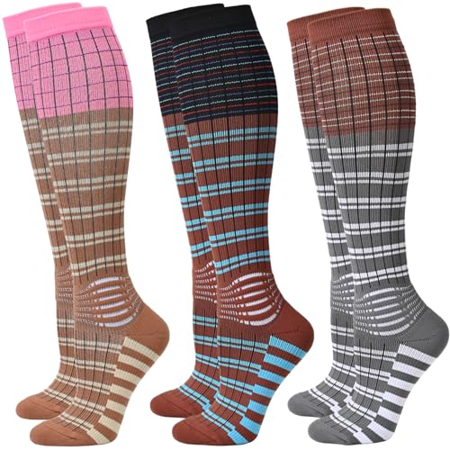 IRAMY Compression Socks Women Ankle Support Gradient Compression Wicking Moisture Knee High Socks 3 Packs - color: Pink+black+brown-3 Packs, size: X-Large