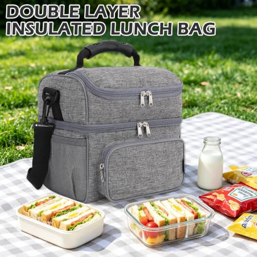 FlowFly Double Layer Cooler Insulated Lunch Bag Adult Lunch Box Large Tote Bag for Men, Women, With Adjustable Strap,Front Pocket and Dual Large Mesh Side Pockets - color: Gray