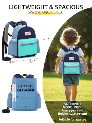 Toddler Backpack with Leash for Boys Girls Kids Kindergarten Nursery, 11” Baby Leash Backpack with Reflective, Toddler Bookbag with Anti-Lost Harness for Walking, Mint Blue - color: 1-mint Blue