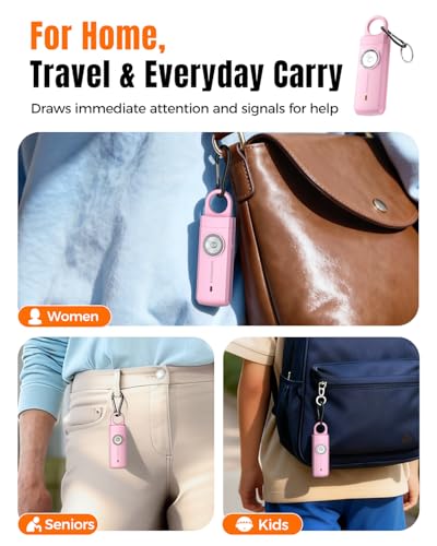 ESSAGER Personal Safety Alarm for Women, 130 dB Self Defense Siren, Rechargeable & Portable with Keychain and Carabiner, Low Battery Notice, LED Strobe Light for Kids, Seniors, College Students(Pink)