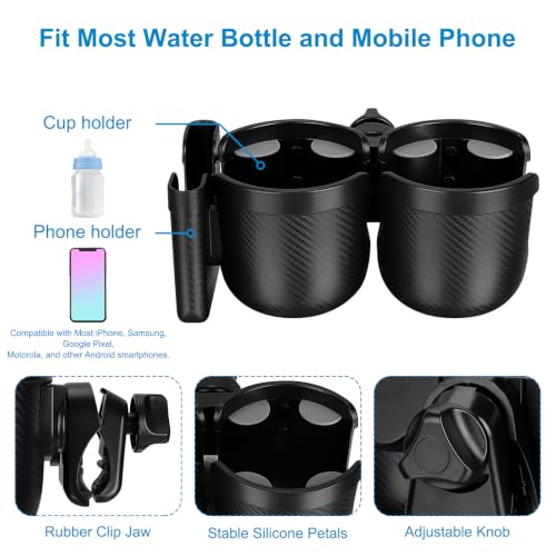 Accmor Stroller Cup Holder with Phone Holder, Bike Cup Holder, Walker Scooter Wheelchair Cup Holder Attachment, Universal Cup Holder for Uppababy Graco Strollers - color: Double Holder-All Black Texture