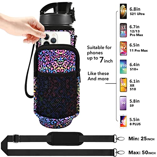 32 oz Water Bottles with Strap & Straw, Sport Motivational Water Bottles - color: Laser Leopard