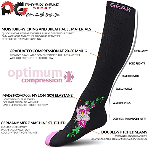 Physix Gear Compression Socks 20-30 mmHg - Men & Women - Running, Nurses, Shin Splints, Flight, Travel - color: Black/Pink Flower, size: Large-X-Large