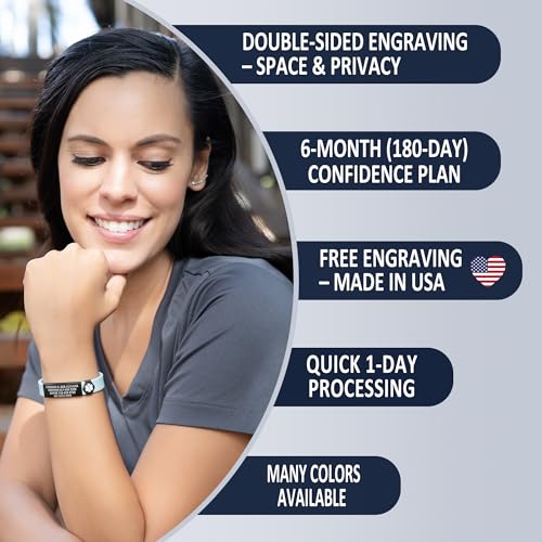 Divoti Custom Dual-Sided Engraved Silicone Medical Alert ID Wristband w/Security Clasp & Trim-to-Fit Band - Style - color: Carmella Blue / Brushed Stainless Silver / Red, size: Band Width - 13mm