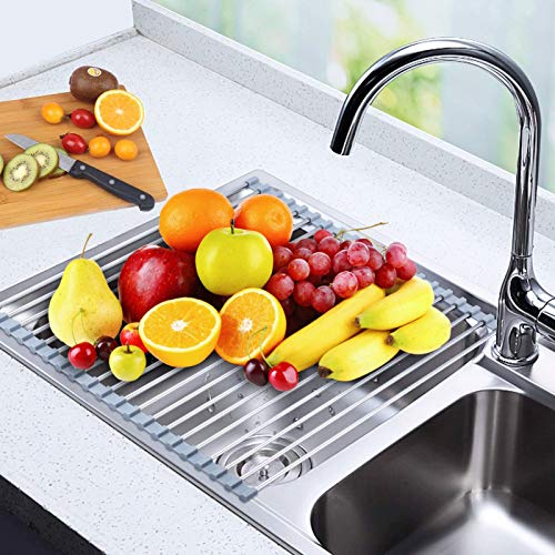 Searik Stainless Steel Over The Sink Dish Drying Rack, Roll Up Foldable Kitchen Sink Drainer Rack (17.7"x 11.8") - color: Black, size: 17.7"x11.8"