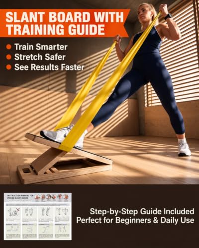 Frylr Slant Board for Exercise with Complete Mobility Kit, Foot Stretcher, Portable Foldable Wooden Wedge with 500 lb Capacity, Non-Slip Design, Carry Handle for Home, Gym and Office - style: Board + Bands + Balls
