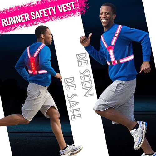 Led Reflective Vest Running Gear, Light Up Vest for Night Walking, High Visibility USB Rechargeable Adjustable Running Lights for Runners Walkers Men Women Kids - color: Rose Red