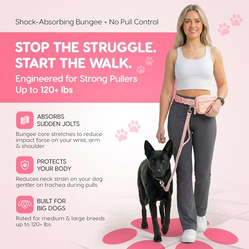Hands Free Dog Leash with Zipper Storage Pouch - Waist Belt Bungee Running, Walking & Hiking Leash - Padded Handle - Seat Belt Attachment - Reflective No Pull Control for Medium Large Dogs 10-120 lbs