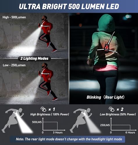 Topward Running Lights for Runners USB-C Rechargeable, Chest Headlamp with 500 Lumen Adjustable Beam, Safety Light for Walking Dog at Night - color: Black