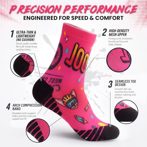 NIcool Cycling Socks For Men, 1/3 Pairs Bright Seamless Compression Running Crew Socks Youth Cushioned Tennis Quarter Socks - color: 1 Pair Hot Pink/Bike Print