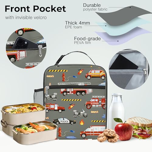 Clastyle Car Insulated Kid Lunch Bag for Boy Lunch Box, Red Fire Truck - color: Fire Truck