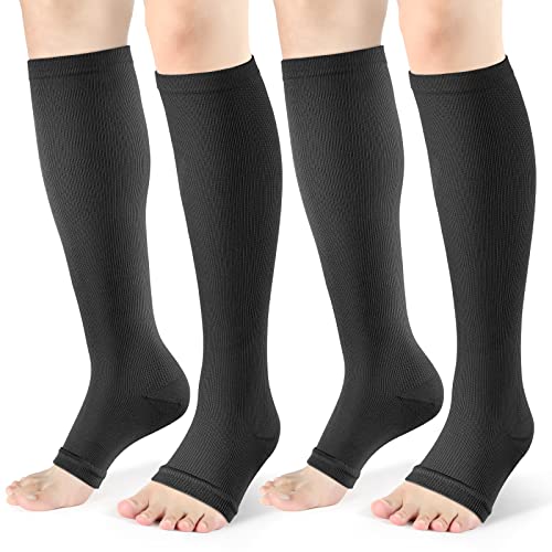 Toeless Compression Socks 15-20 mmHg, 2 Pairs open toe Knee High Support - color: A - Black, size: Small-Medium
