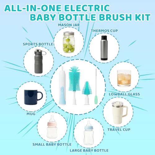 Portable Electric Bottle Brush Cleaner with Storage Box, 4-in-1 Kit - color: Green