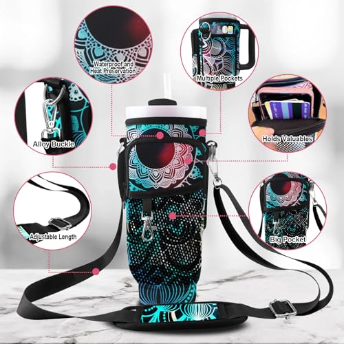 Stanley Carrier Bag for Stanley 40oz/30ozTumbler with Phone with 2 Adjustable Strap,3 Pockets Bottle Stanley Cup Carrier Bag & Case,Accessories for Hiking Travelling - color: Mandala Flower
