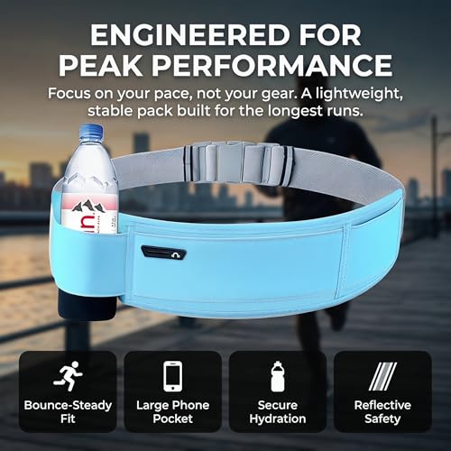 Running Hydration Belt with Water Bottle Holder for Men Women, Bounce-Free Phone Storage Waist Pack, Reflective Adjustable Marathon Belt for Jogging Trail Running,Fits All Phones (Light Blue) - color: Light Blue