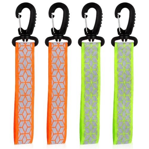 4 PCS Reflective Straps for Backpack, Backpack Reflector, Green and Orange Reflective Keychain for Right Walking Climbing Cycling Running