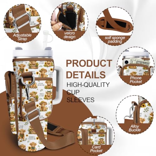 Water Bottle Carrier Bag for Stanley Cup 40oz/30oz with Phone Pocket, Neoprene Water Bottle Holder with Adjustable Shoulder & Handle Strap, Stanley Cup Accessories for Walking Travel Gym - color: Highland Cattle