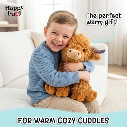 Highland Cow Microwavable Stuffed Animal – 1.5 lb Unscented Heating Pad Plush, Soft Cozy Cute Cow Toy for Relaxation and Comfort, Gift for Women, Girls, Adults & Kids by Happy Fuel - color: Brown Highland Cow (Sitting Down)