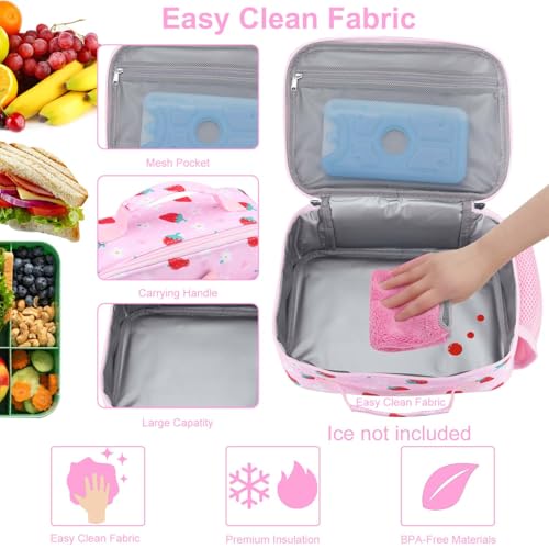 RHCPFOVR Kids Lunch Box for Girls Teens Insulated Lunch Bag Reusable Lunch Tote Kit for School Travel - color: Pink Strawberry