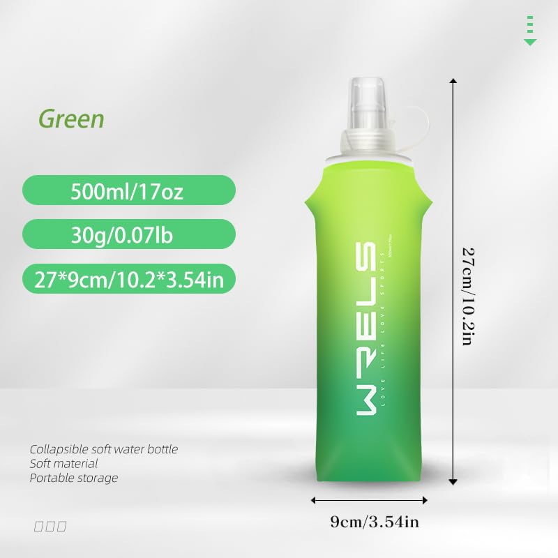 WRELS Soft Flasks TPU Soft Water Bottles Folding Soft Running Water Flask Small for Outdoor Sports Hiking Hydration Pack 8oz/17oz Hiking Cycling Climbing - color: Green-500ml