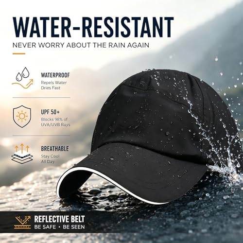 Waterproof Baseball Cap for Men Women UPF 50+ Quick-Dry Running Golf Hat - color: Black