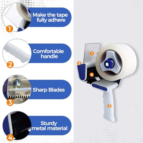 Packing Tape Dispenser Gun - 3 Inch Wide, Handheld Tape Gun with 1 Bonus Clear Packaging Tape, Shipping Tape for Sealing, Storing, and Moving Boxes, 1 Pack